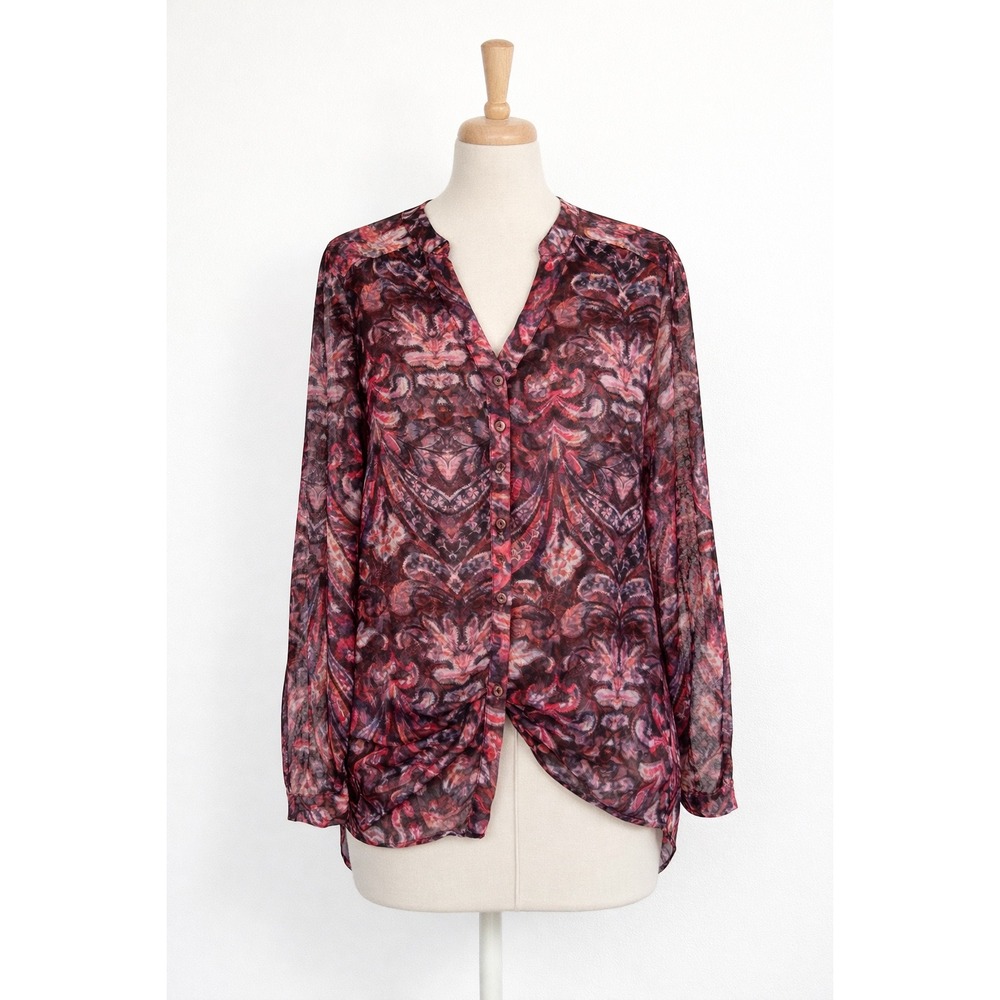 Soft Surroundings Blouse Women Large Burgundy Paisley Metallic Shimmer Sheer Top - Picture 1 of 9